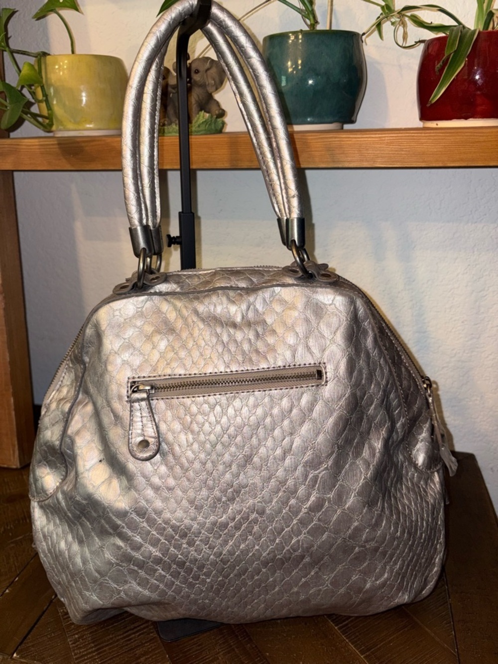 Jessica Simpson Metallic Croc Embossed Bow Satchel Tote Bag - Picture 4 of 13